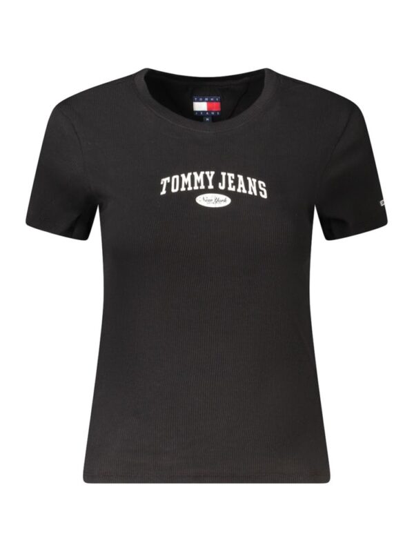 Black Tommy Jeans t-shirt with logo print in White and Red, casual double-stitched design, perfect for everyday wear, sleek and stylish, made from premium cotton for comfort and durability.