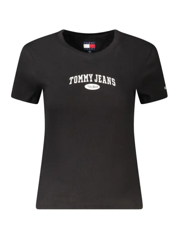 Black Tommy Jeans t-shirt with logo print in White and Red, casual double-stitched design, perfect for everyday wear, sleek and stylish, made from premium cotton for comfort and durability.