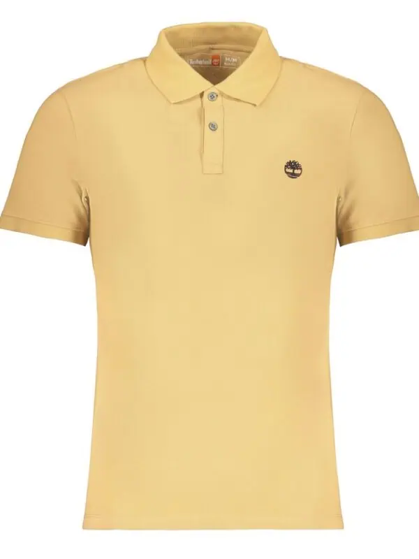 Yellow Timberland polo shirt with embroidered logo, classic collar, and button placket for men's casual wear.