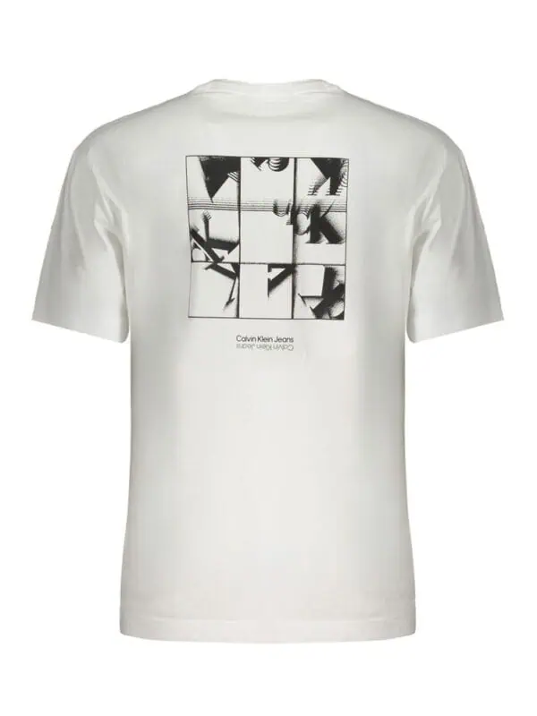 Minimalist white Calvin Klein Jeans graphic t-shirt with black abstract artwork print, modern and versatile design.