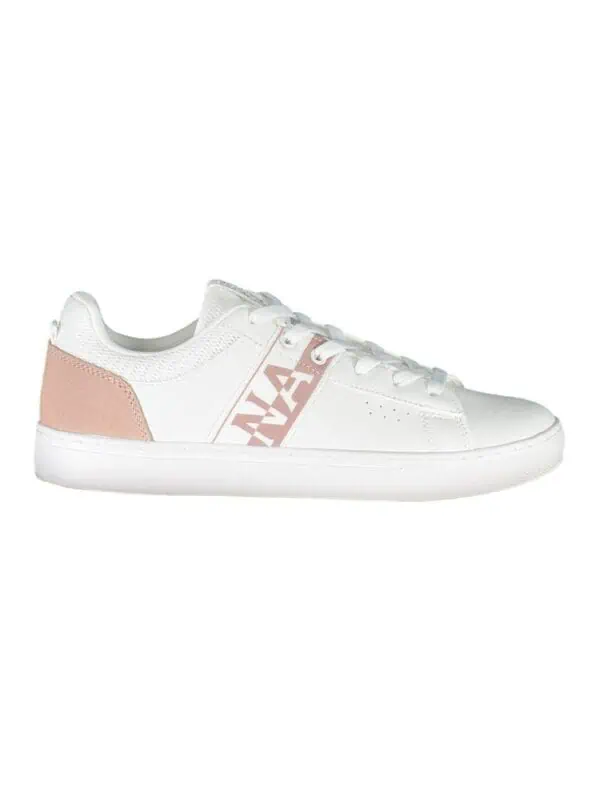 White casual sneaker with blush pink accents and bold logo design from Lux Brands.