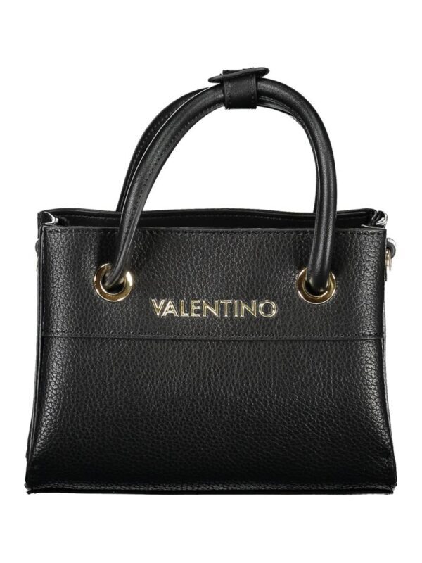 Luxury black Valentino leather handbag with gold-tone hardware, top handles, and a spacious interior for elegant everyday use.
