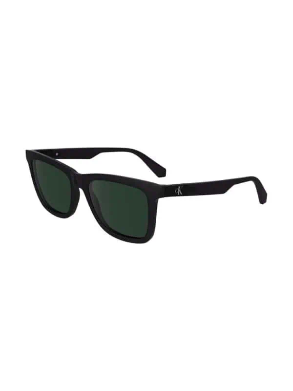 Black Calvin Klein men's sunglasses with dark green lenses for a sleek, modern look. Perfect for fashion-conscious individuals seeking UV protection and style.