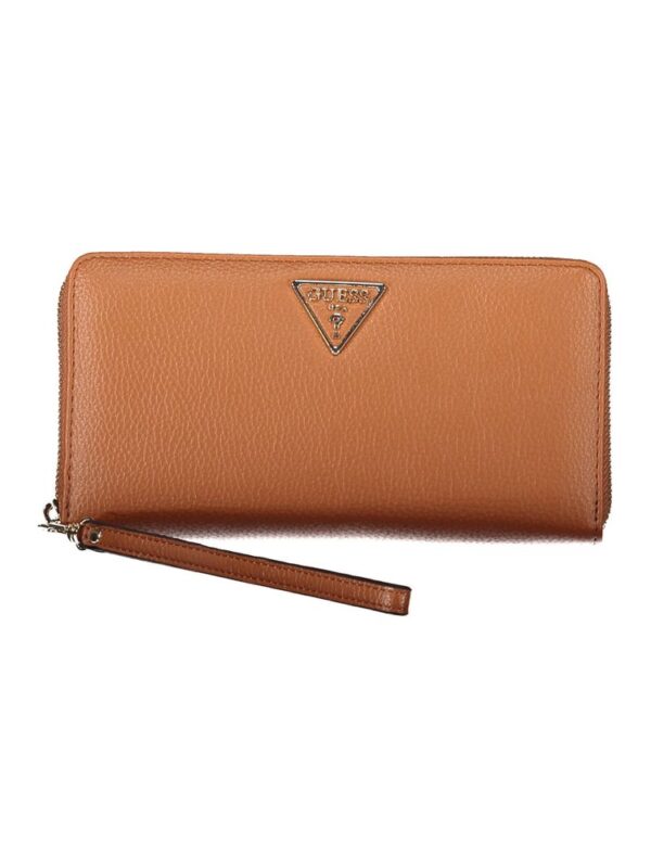 Brown Guess leather wristlet wallet with logo emblem and zip-around closure for women.