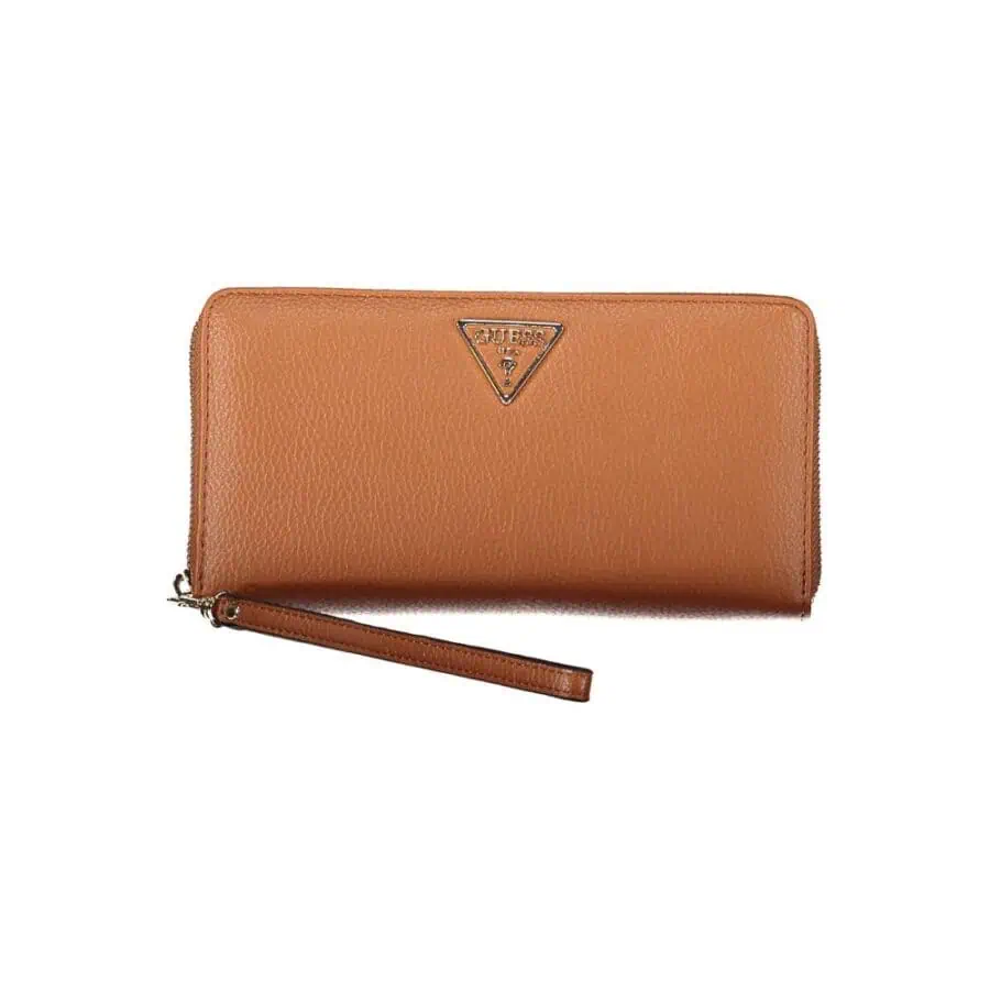 Brown Guess leather wristlet wallet with logo emblem and zip-around closure for women.
