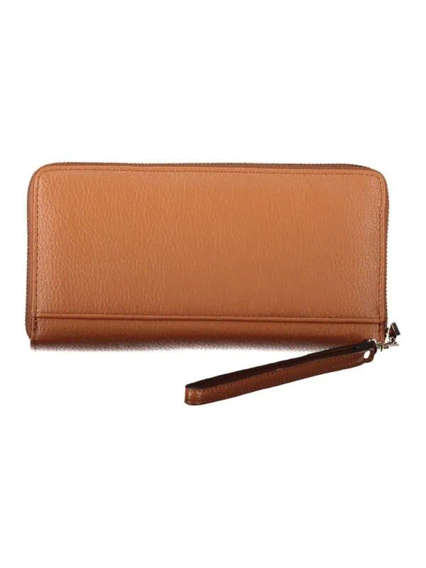 Brown leather zippered wallet with wrist strap for women.