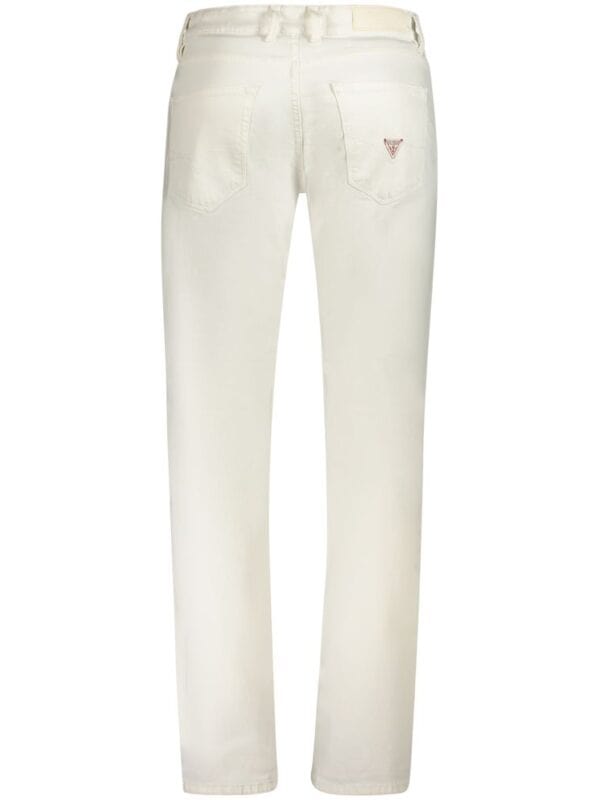 Premium white jeans with classic five-pocket design and subtle red logo embroidery on back pocket. Perfect for stylish casual or semi-formal outfits. Luxurious comfort and high-quality denim.
