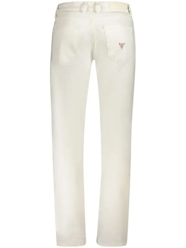 Premium white jeans with classic five-pocket design and subtle red logo embroidery on back pocket. Perfect for stylish casual or semi-formal outfits. Luxurious comfort and high-quality denim.