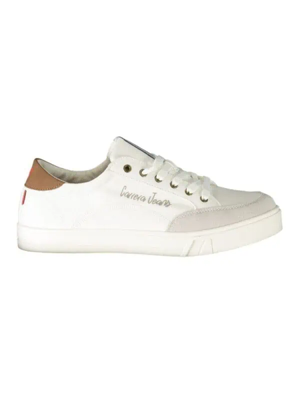 White trendy sneakers with beige and red accents, lace-up closure, and casual style perfect for everyday wear.