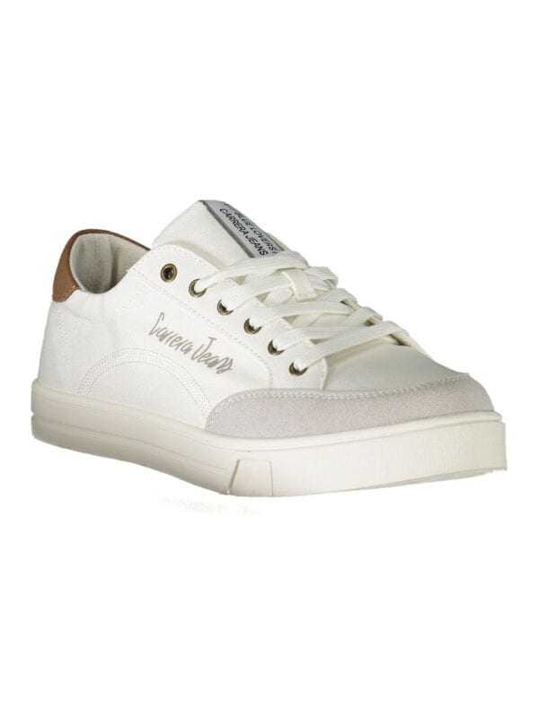 White designer sneakers with beige accents and "Valeria Jeans" logo for casual luxury style.