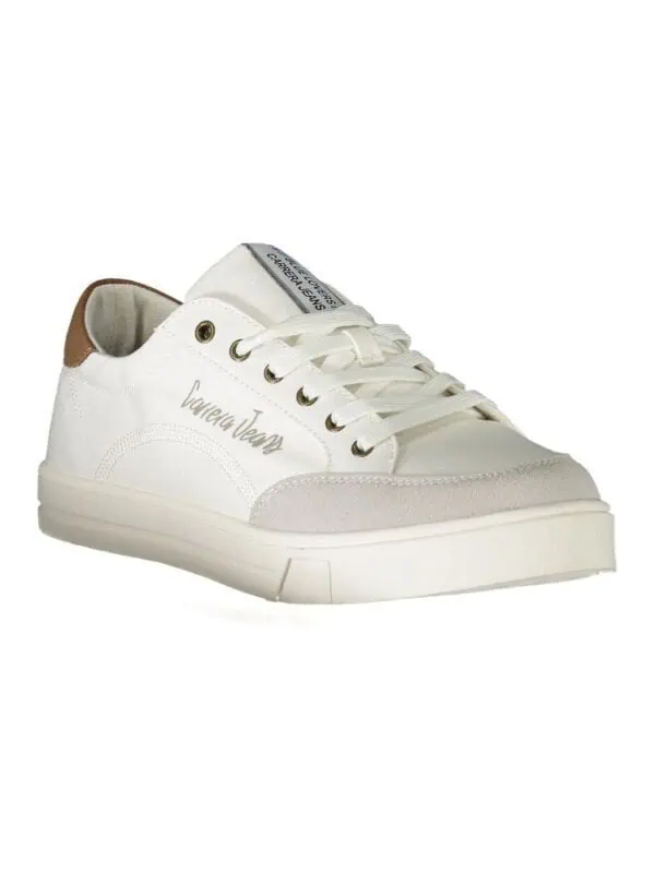 White designer sneakers with beige accents and "Valeria Jeans" logo for casual luxury style.