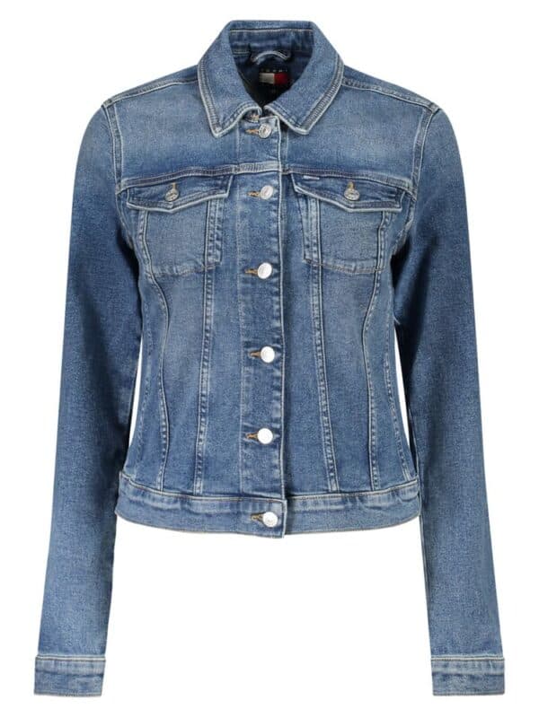 Slim-fit women's denim jacket with classic button closure, chest pockets, and distressed wash, perfect for casual chic style and everyday wear.