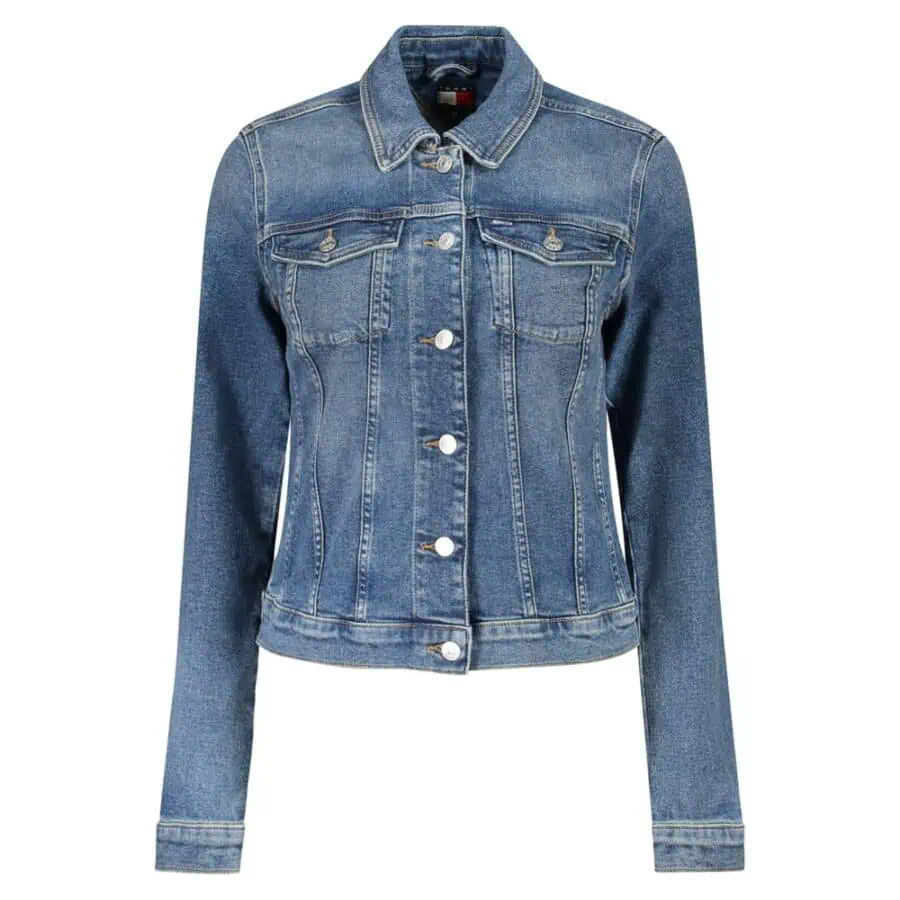 Slim-fit women's denim jacket with classic button closure, chest pockets, and distressed wash, perfect for casual chic style and everyday wear.