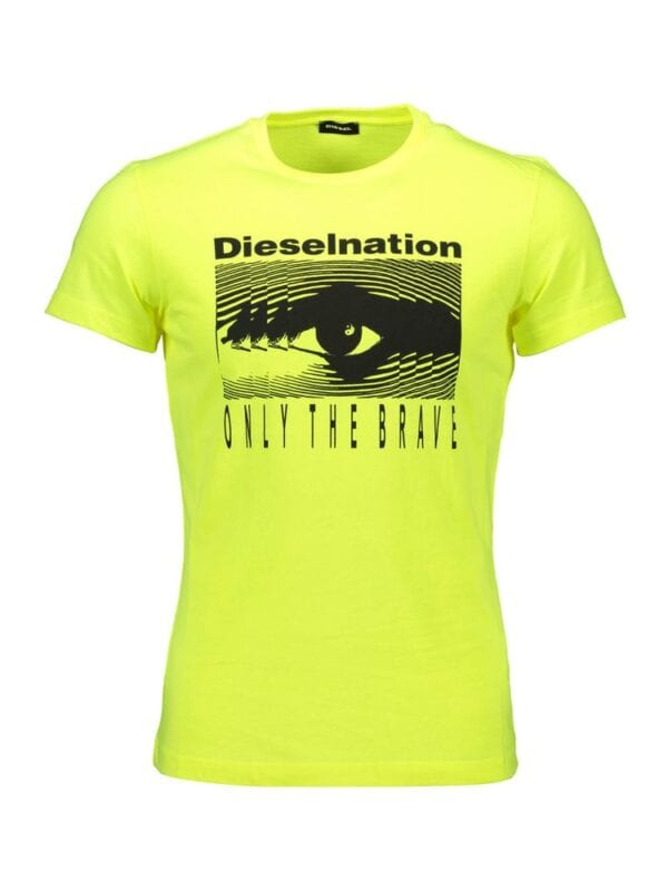 Neon yellow Diesel graphic t-shirt featuring bold eye design and "Only The Brave" slogan, perfect for casual streetwear fashion.