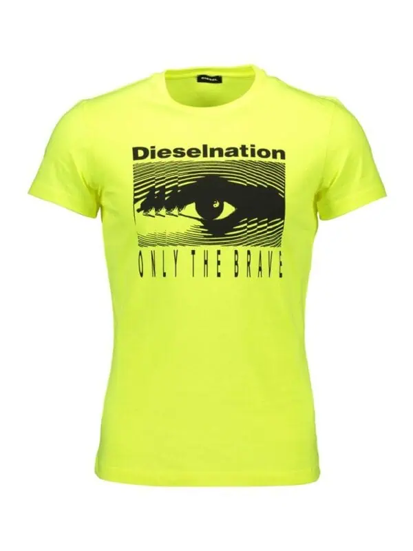 Neon yellow Diesel graphic t-shirt featuring bold eye design and "Only The Brave" slogan, perfect for casual streetwear fashion.