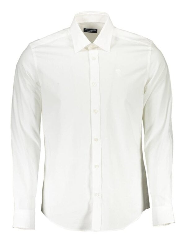 Lux brands white men's dress shirt with classic collar and button-down front for formal and business wear.