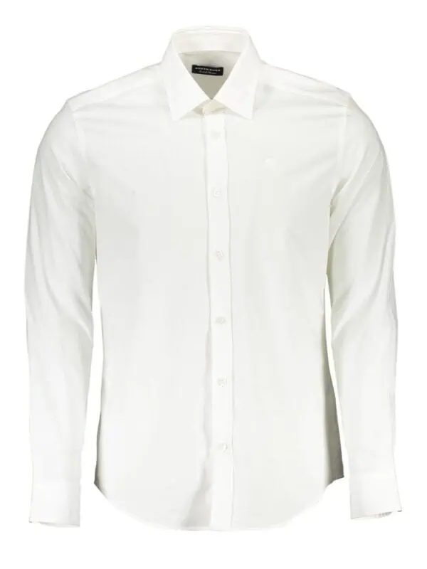 Lux brands white men's dress shirt with classic collar and button-down front for formal and business wear.