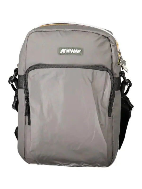 Light gray K-Way backpack with multiple compartments and adjustable straps.