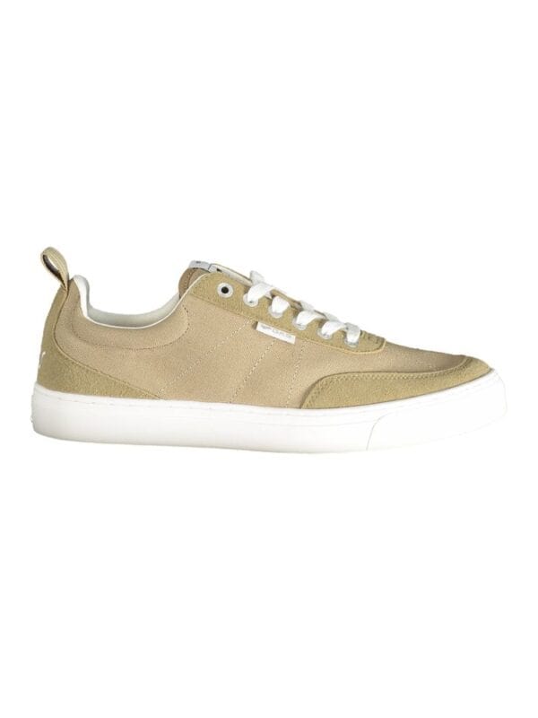 Beige casual sneakers with white laces and sole, stylish and comfortable for everyday wear.