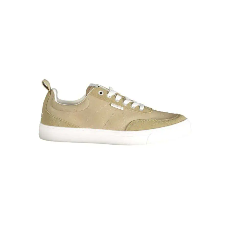 Beige casual sneakers with white laces and sole, stylish and comfortable for everyday wear.