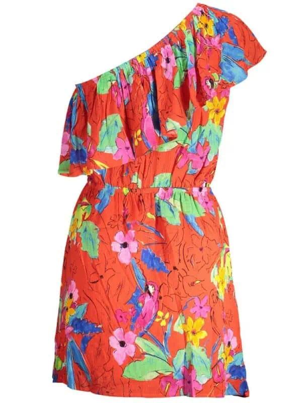 Floral one-shoulder dress with colorful tropical print, lightweight fabric, perfect for summer occasions.