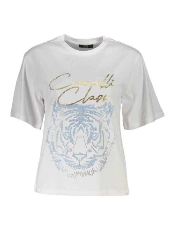 Luxury white T-shirt with gold 'Couture Elite' script and a blue tiger face graphic, stylish and bold designer casual wear, perfect for fashion-forward outfits, from Lux Brands.