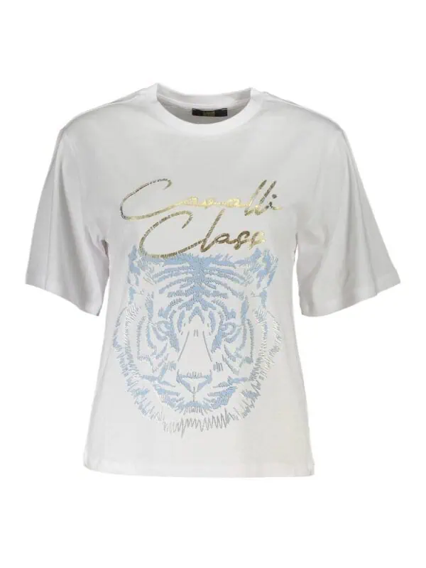 Luxury white T-shirt with gold 'Couture Elite' script and a blue tiger face graphic, stylish and bold designer casual wear, perfect for fashion-forward outfits, from Lux Brands.