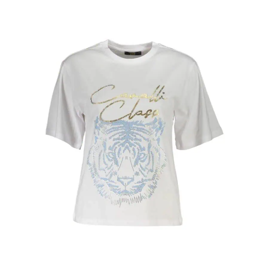 Luxury white T-shirt with gold 'Couture Elite' script and a blue tiger face graphic, stylish and bold designer casual wear, perfect for fashion-forward outfits, from Lux Brands.