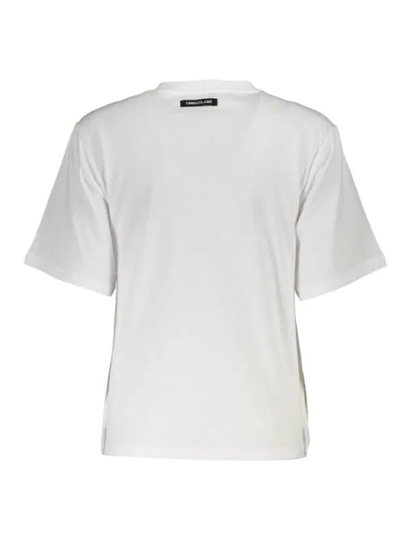 Blank white designer T-shirt with minimalistic style from Cavalli Class, perfect for casual and luxury fashion looks. 2. Simple white Cavalli Class T-shirt for men, versatile luxury fashion essential. 3. Luxurious white Cavalli Class T-shirt featuring a clean design, ideal for stylish casual wear and upscale looks. 4. High-quality white T-shirt by Cavalli Class with a minimalist design, crafted for comfort and luxury fashion, suitable for everyday and special occasions. Relevance: Relevant.