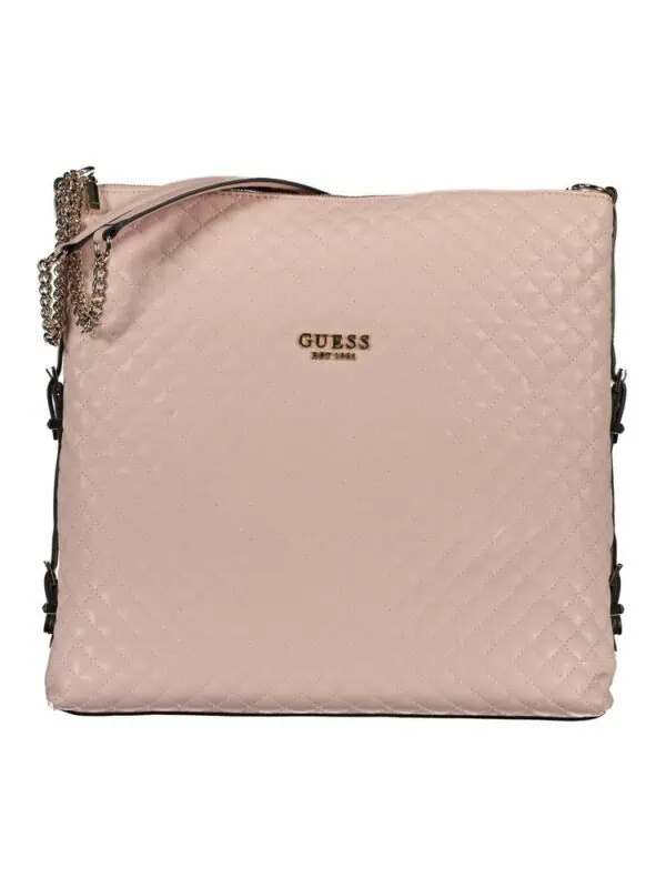 Soft pink Guess quilted leather crossbody bag with chain strap and gold logo detail.