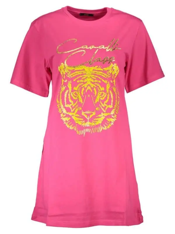 Pink oversized T-shirt with a yellow tiger graphic and "Cavalli Class" text for a bold, luxury streetwear look. Perfect for fashion-forward casual outfits.