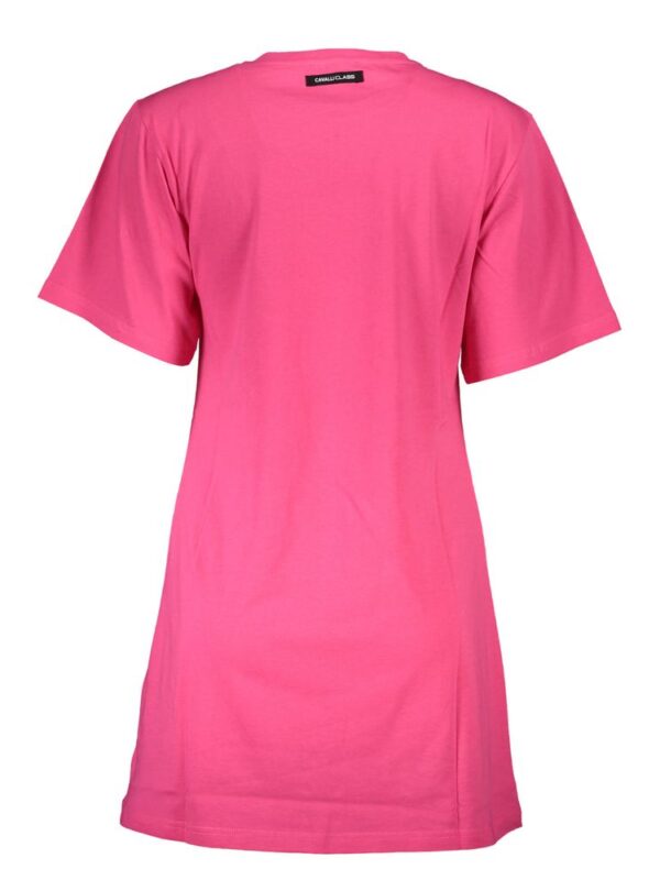 Pink oversized casual t-shirt dress with short sleeves and round neckline, perfect for comfortable, stylish everyday wear. Features brand label detail at the collar for a trendy look.