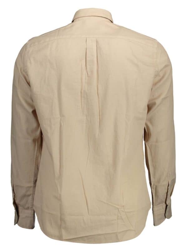 Beige long-sleeve men's dress shirt with button cuffs and back yoke detail, perfect for formal or casual occasions.
