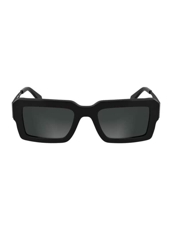 Black rectangular designer sunglasses with dark tinted lenses for men and women.