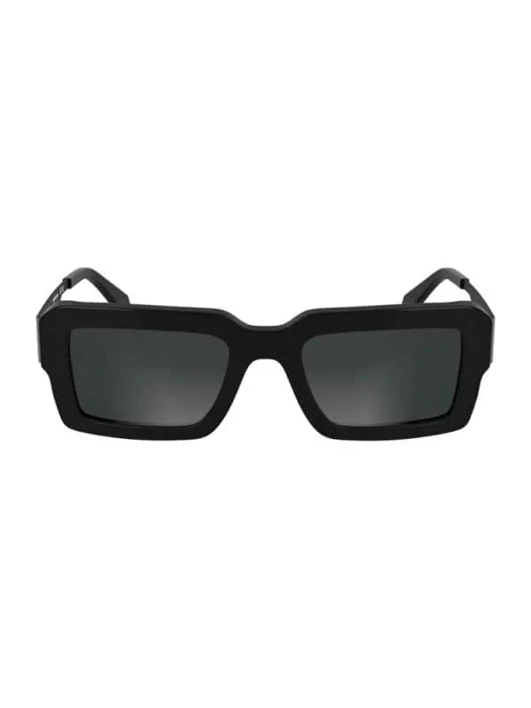 Black rectangular designer sunglasses with dark tinted lenses for men and women.
