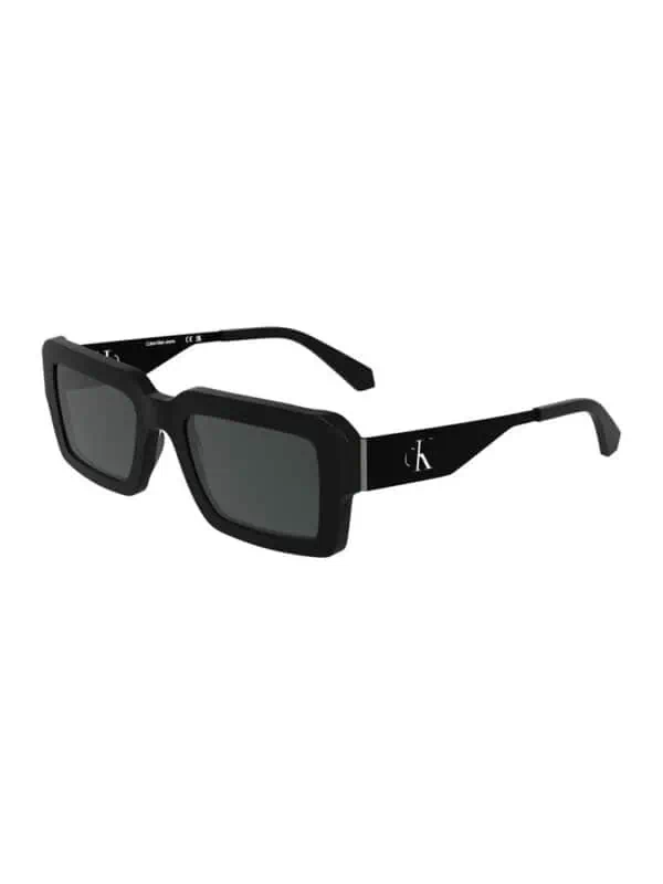 Black Calvin Klein square sunglasses with tinted lenses, sleek design, and iconic CK logo on the side for a modern fashion statement.