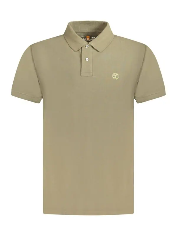 Men's beige Timberland polo shirt with classic collar and logo detail on chest, perfect for casual and smart casual wear.
