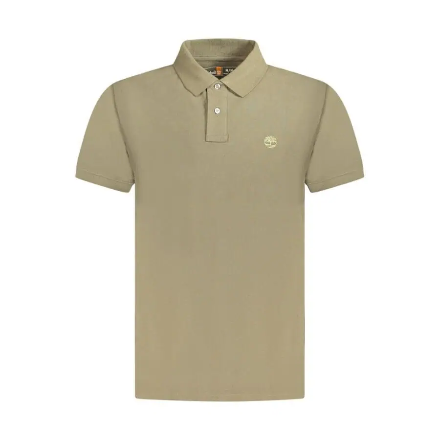 Men's beige Timberland polo shirt with classic collar and logo detail on chest, perfect for casual and smart casual wear.