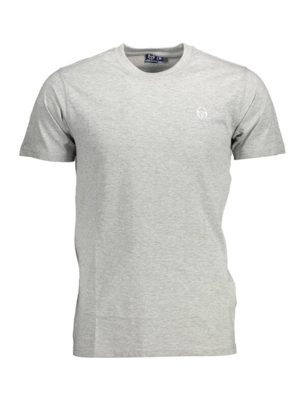 Soft grey men's T-shirt with subtle logo detail, perfect for casual wear.