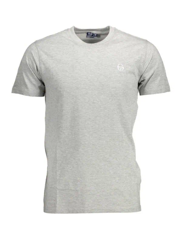Soft grey men's T-shirt with subtle logo detail, perfect for casual wear.
