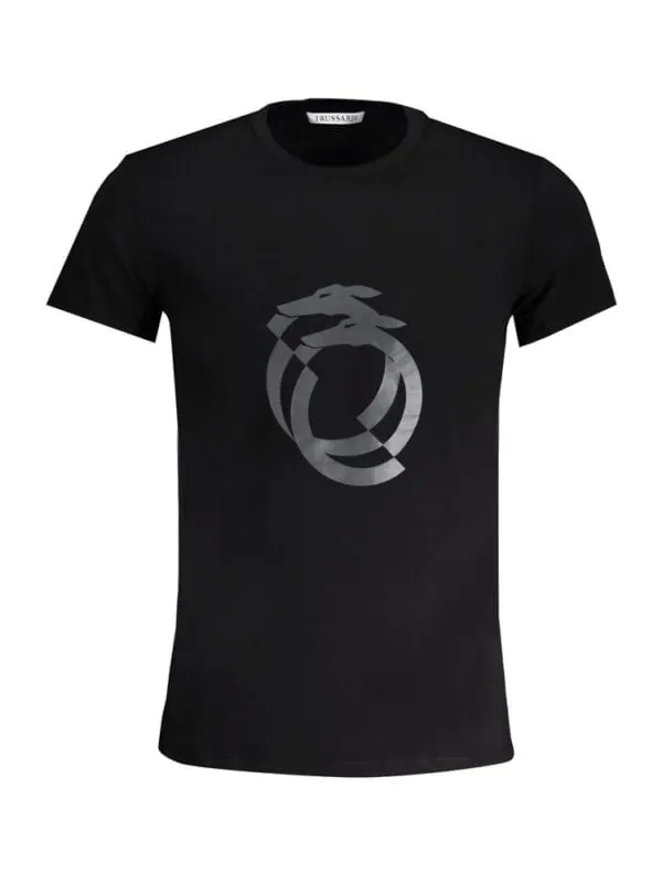 Black designer T-shirt with a sleek circular logo and dragon graphic, perfect for luxury streetwear style.