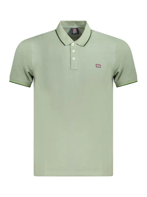 Lux Brands men's light green polo shirt with navy and neon yellow stripe details on the collar and sleeves, featuring a small flag logo on the chest.