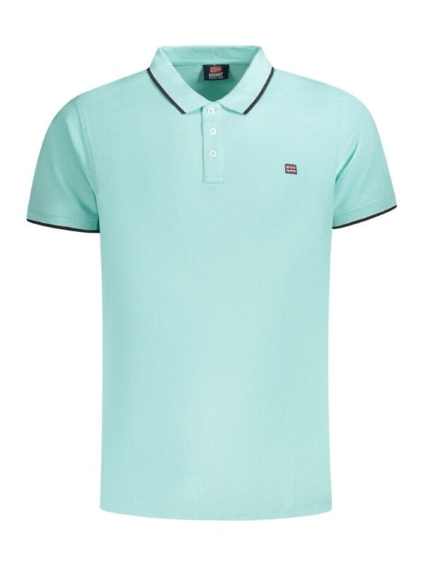 Luxurious light blue men's polo shirt with navy trim details, classic collar, and small flag logo, perfect for casual or upscale occasions.