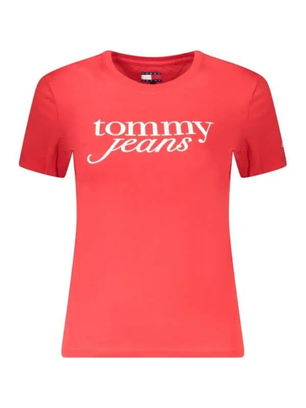 Red Tommy Jeans t-shirt with bold logo print, casual and stylish for everyday wear.