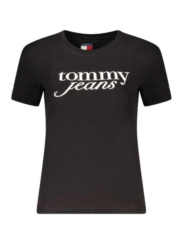 Black Tommy Jeans T-shirt with white logo print, casual and stylish, perfect for everyday wear.