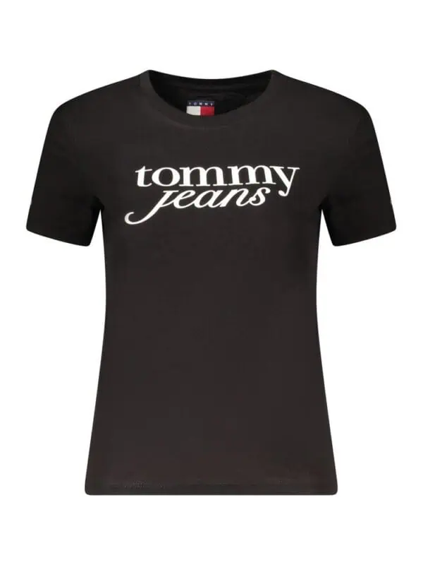 Black Tommy Jeans T-shirt with white logo print, casual and stylish, perfect for everyday wear.