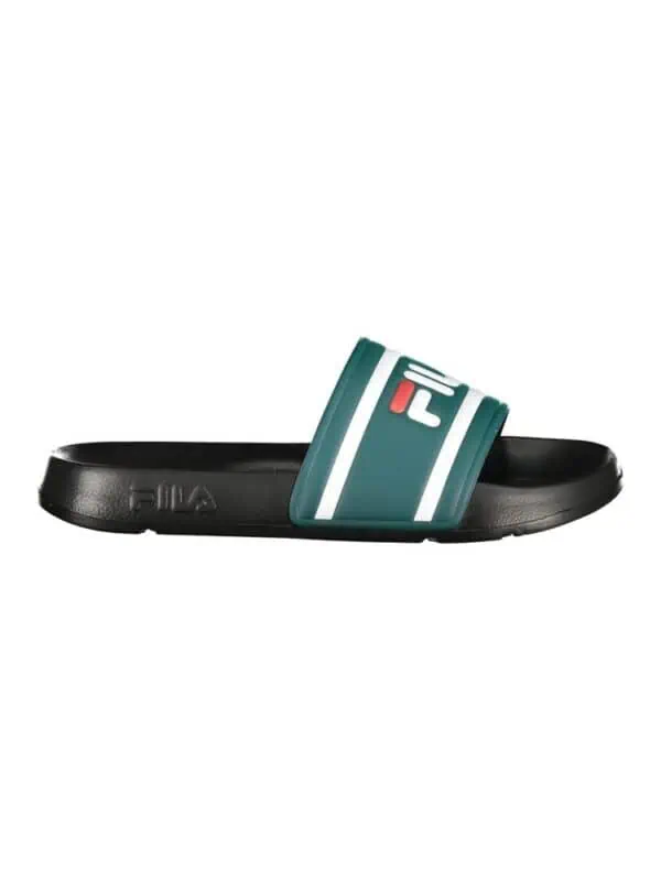FILA slide sandals with logo, black and teal color, comfortable and stylish for casual wear.