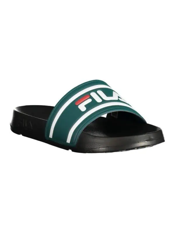 Contrast slide sandal with Fila logo in green, white, and red, featuring a sporty and casual design.