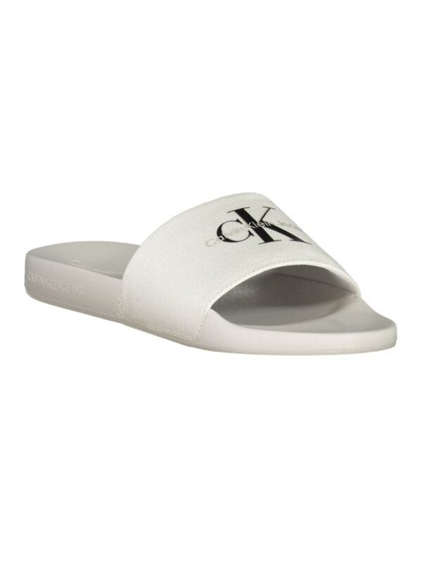 Calvin Klein slide sandals with logo strap, white casual footwear for men and women.
