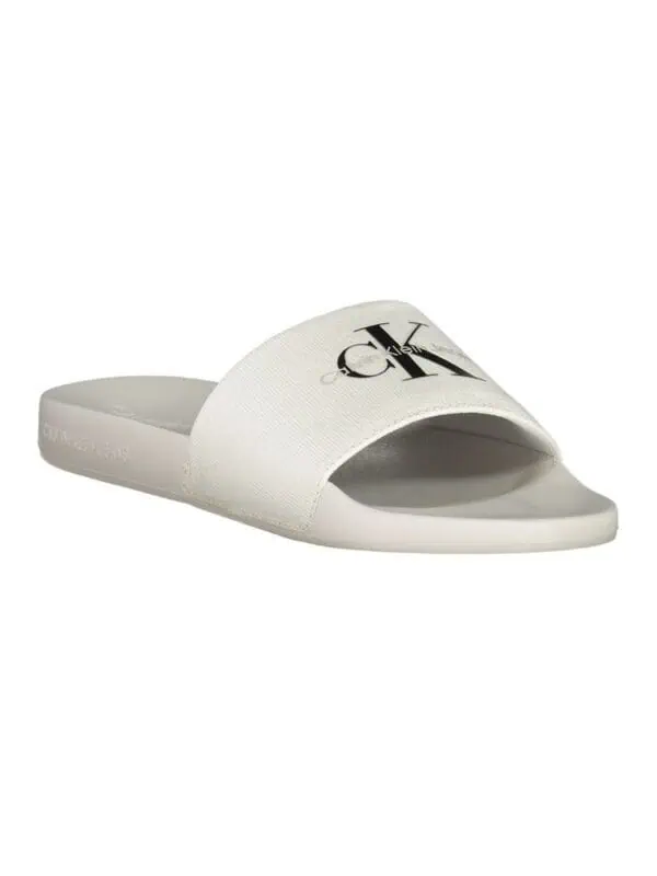 Calvin Klein slide sandals with logo strap, white casual footwear for men and women.
